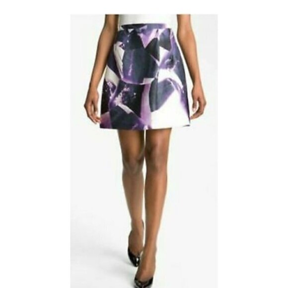 𝅺CARVEN Women's White Purple flax Silk Print Pleated A-Line Skirt sz 8 - Picture 1 of 6